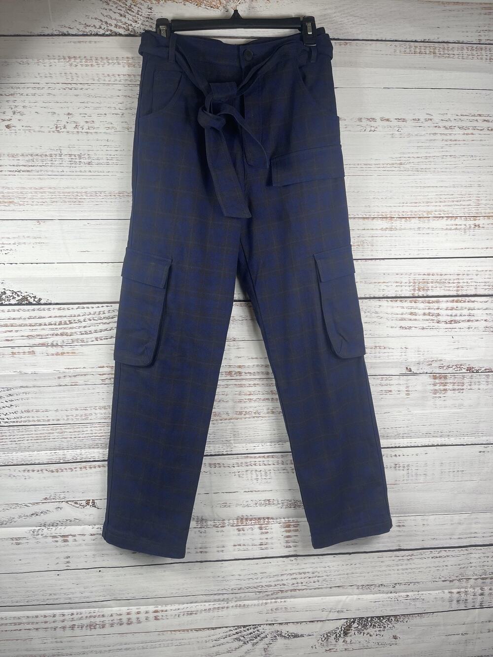 Zara Pants Womens XS Blue Plaid Twill Cargo Belted Zip Fly Pockets Tie Waist